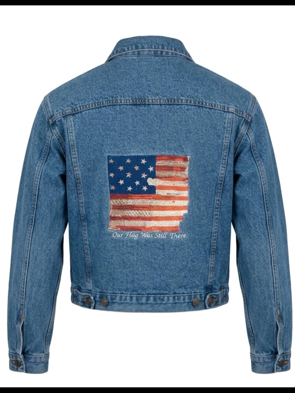 Vintage Medium  Blue Denim Jacket with Flag Patch Imus : Made In USA